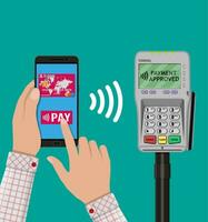 Pos terminal confirms the payment by smartphone. Vector illustration in flat design. nfc payments concept