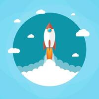 Space rocket launch. Rocket in the clouds. Start up concept. Vector illustration in flat style