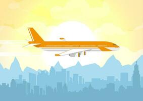 Morning city skyline. Buildings silhouette cityscape with mountains. Big city streets. Plane flying over urban city, Fog over city. Yellow sky with sun and clouds. Vector illustration