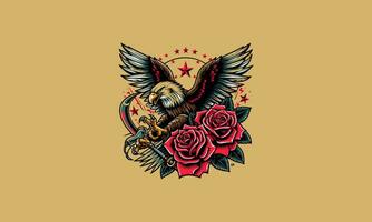 flying eagle and rose vector artwork tattoo design