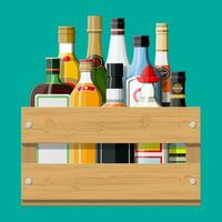 alcohol bebidas colección en caja. botellas con vodka champán vino whisky cerveza brandy tequila coñac espíritu Vermut Ginebra Ron Ajenjo Sambuca sidra Borbón. vector ilustración en plano estilo.