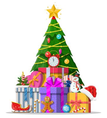 Christmas tree decorated with colorful balls, garland lights, golden star. Lots of gift boxes. Spruce, evergreen tree. Greeting card, festive poster. New year. Vector illustration in flat style