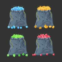 Cloth fabric money bag full of various diamonds. Sack with gems. Game interface elements. Donation, microtransacton. Vector illustration in flat style