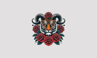 head tiger with horn and rose vector tattoo design