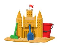 Sand castle. Sandcastle handmade sculpture. Plastic bucket with rake, shovel. Fortress with towers. Fort with gates and flag. Kids children leisure fun game playground. Vector illustration flat style