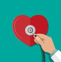 Medical stethoscope or phonendoscope in hand of doctor. Human heart. Medical equipment. Healthcare. Vector illustration in flat style