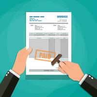 Hand holding invoice and stamp with paid stamp mark. paper invoice form. tax. receipt. bill. vector illustration in flat style on green background