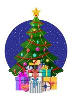 Navidad árbol decorado con vistoso pelotas, guirnalda luces, dorado estrella. un montón de regalo cajas abeto, hojas perennes árbol. saludo tarjeta, festivo póster. nuevo año. vector ilustración en plano estilo