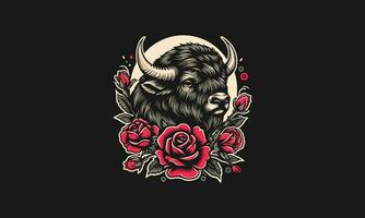 head buffalo and red rose vector artwork design