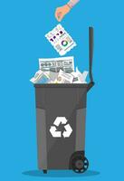 Trash recycle bin container for garbage full of paper. Bin for papers. Vector illustration in flat design