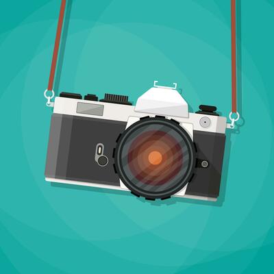 Old vintage photo camera with strap. Hanging retro camera. vector illustration in flat style on green background