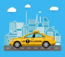 abstract urban cityscape with taxi cab. vector illustration in flat style