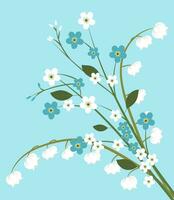 Sprng fresh blue background with flowers on tree branch. vector illustration in flat design