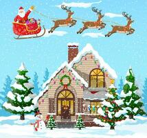 Suburban house covered snow. Building in holiday ornament. Christmas landscape tree, snowman, santa sleigh reindeers. New year decoration. Merry christmas holiday xmas celebration. Vector illustration