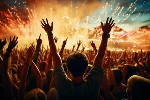 AI generated Cheering people in Music Festival, Live, rock concert, festival night club crowd cheering, stage lights and confetti falling. Cheering crowd in lights Ai generated photo