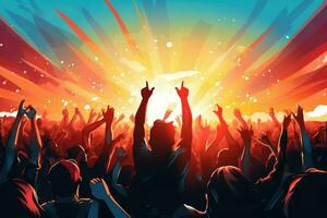 AI generated Cheering people in Music Festival, Live, rock concert, festival night club crowd cheering, stage lights and confetti falling. Cheering crowd in lights Ai generated photo