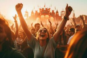 ai generado aplausos personas en música festival, vivir, rock concierto, festival noche club multitud aplausos, etapa luces y papel picado descendente. aplausos multitud en luces ai generado foto