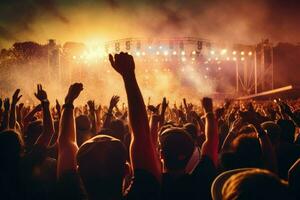 AI generated Cheering people in Music Festival, Live, rock concert, festival night club crowd cheering, stage lights and confetti falling. Cheering crowd in lights Ai generated photo