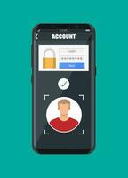 Smartphone unlocked by face recognition. Mobile phone security, personal access via finger, login form into account managment, authorization, network protection. Vector illustration flat