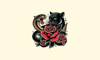 head panther and snake and rose vector tattoo design