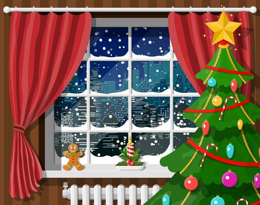 Snowy cityscape in window. Interior of room with christmas tree. Happy new year decoration. Merry christmas holiday. New year and xmas celebration. Vector illustration flat style