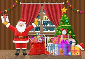 Santa in room with christmas tree and gifts. Happy new year decoration. Merry christmas holiday. New year and xmas celebration. Vector illustration flat style