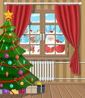 Santa claus and his reindeer looks in living room window. Interior of room with tree, gifts. Happy new year decoration. Merry christmas holiday New year xmas celebration Vector illustration flat style