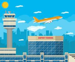 Aircraft above the ground. Airport control tower, terminal building and parking area. Cityscape. Sky with clouds and sun. Vector illustration in flat style