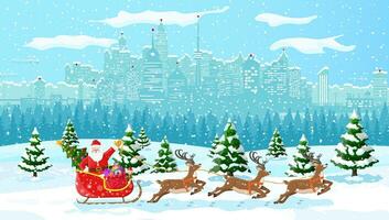 Santa claus rides reindeer sleigh. Christmas winter cityscape, snowflakes and trees. Happy new year decoration. Merry christmas holiday. New year and xmas celebration. Vector illustration flat style