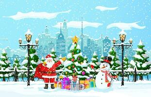 Santa claus with snowman. Christmas winter cityscape, snowflakes and trees. Happy new year decoration. Merry christmas holiday. New year and xmas celebration. Vector illustration flat style