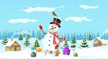 Winter christmas background. Snowman, gifts, pine tree and snow. Winter landscape with fir trees forest and village. Happy new year celebration. New year xmas holiday. Vector illustration flat style