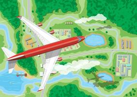 Airplane flies above land with houses with car, boats, trees, road, river, forest, lake and clouds. Air journey or vacation concept. Village aerial view. Vector illustration in flat style