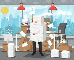Stressed businessman holds pile of office papers and documents. Office building interior. Office documents heap. Routine, bureaucracy, big data, paperwork, office. Vector illustration in flat style