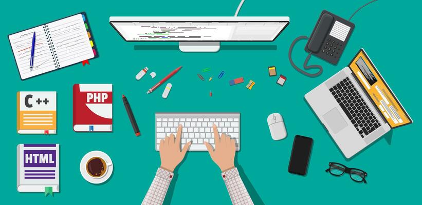 Workplace of programmer or coder. Desktop pc, laptop, books, phone, glasses. Software coding, programming languages, testing, debugging, web site, search engine seo Vector illustration in flat style