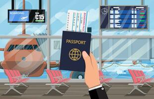 Waiting hall, departure lounge in passanger terminal of airport. Plane before takeoff. Hand with passport and ticket, terminal building. Cityscape. Vector illustration in flat style