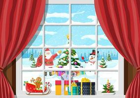 Santa and snowman looks in living room window. Room with christmas tree and gifts. Happy new year decoration. Merry christmas holiday. New year and xmas celebration. Vector illustration flat style