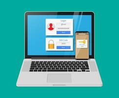 dos pasos autenticación concepto. ordenador portátil con iniciar sesión dentro cuenta y teléfono inteligente con SMS aplicación dúo verificación por teléfono y aprobación vector ilustración en plano estilo