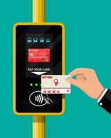 terminal y pasajero transporte tarjeta en mano. aeropuerto, metro, autobús, subterraneo boleto terminal validador. inalámbrico, sin contacto o sin efectivo pagos, rfid NFC. vector ilustración en plano estilo