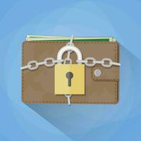 Brown leather wallet closed on the lock with chains. Economy concept. vector illustration in flat design on blue background with long shadow