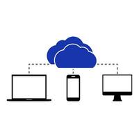 plano nube informática antecedentes. incluso ordenador portátil toque teléfono y escritorio ordenador personal. datos almacenamiento red tecnología. multimedia contenido y web sitios hospedaje vector