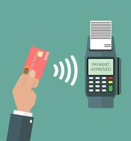 pos terminal confirma el pago por débito crédito tarjeta. vector ilustración en plano diseño en azul antecedentes. nfc pagos concepto