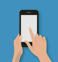 Hand touching screen of black phone at blue backgound with shadows. Vector illustration in flat design. Concept for web design, promotion templates, infographics. vector illustration