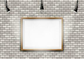White brick wall with realistic wooden brown picture frames and black lamps. vector illustration
