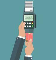 Hand holding pos terminal and pushing credit card in to it. Using pos terminal concept. vector illustration in flat design on grey background