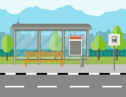 Empty Bus Stop with bench and trash receptacle, city background, tree, blue sky with clouds vector