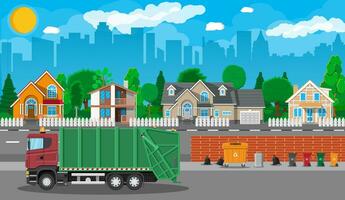Truck for assembling, transportation garbage. Car waste disposal. Can container, bag and bucket for garbage. Recycling and utilization equipment. Suburban cityscape. Vector illustration in flat style