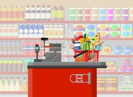 Supermarket store interior with goods. Big shopping mall. Interior store inside. Checkout counter, grocery, drinks, food, fruits, dairy products. Vector illustration in flat style