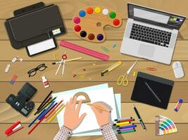 Artist or designer workplace. Painting and drawing supplies. Laptop pc, photo camera, mouse, glasses, pen, printer. Paper blank fo sketch and graphic tablet. Vector illustration in flat style