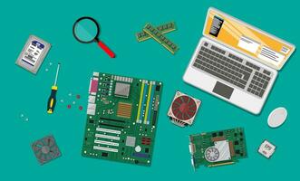 Motherboard, hard drive, cpu, fan, graphic card, memory and screwdriver. Mouse and laptop. Assembling PC. Personal computer hardware. Vector illustration in flat style