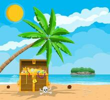 Pirates treasure island with chest full of gems and gold, death skull and crossbones. Beach with palm, coconuts. Sea, cloud and sun. Vector illustration in flat style